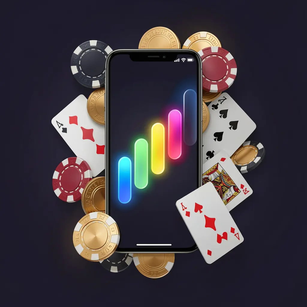 U22VlP casino app installation on smartphone with glowing progress bar, surrounded by coins, chips, and cards on a dark background