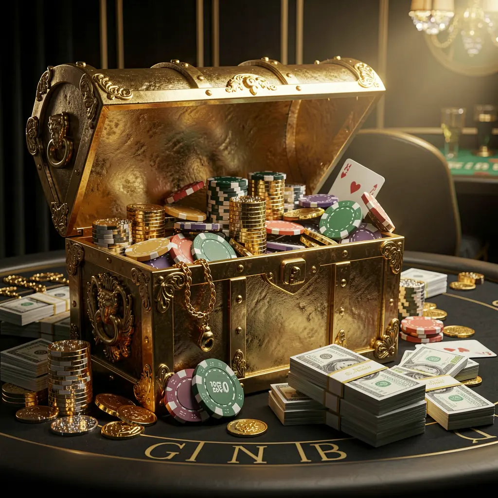 U22VlP casino rewards scene featuring a golden treasure chest overflowing with chips, cash bundles, and sparkling coins in an elegant black and gold style with dramatic lighting