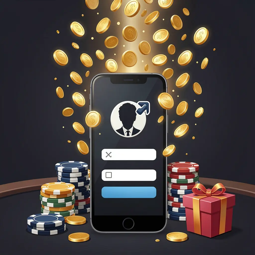 U22VlP casino user login illustration showing a phone with a secure access icon, golden coins bursting from the screen, poker chips and a gift box nearby on a dark premium background