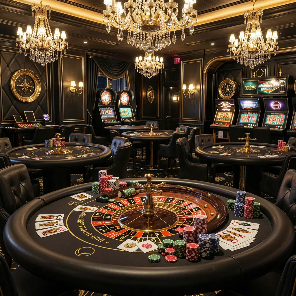 U22VlP luxury online casino lobby scene with glowing roulette tables, golden lights, poker chips and cards in a premium black and gold design